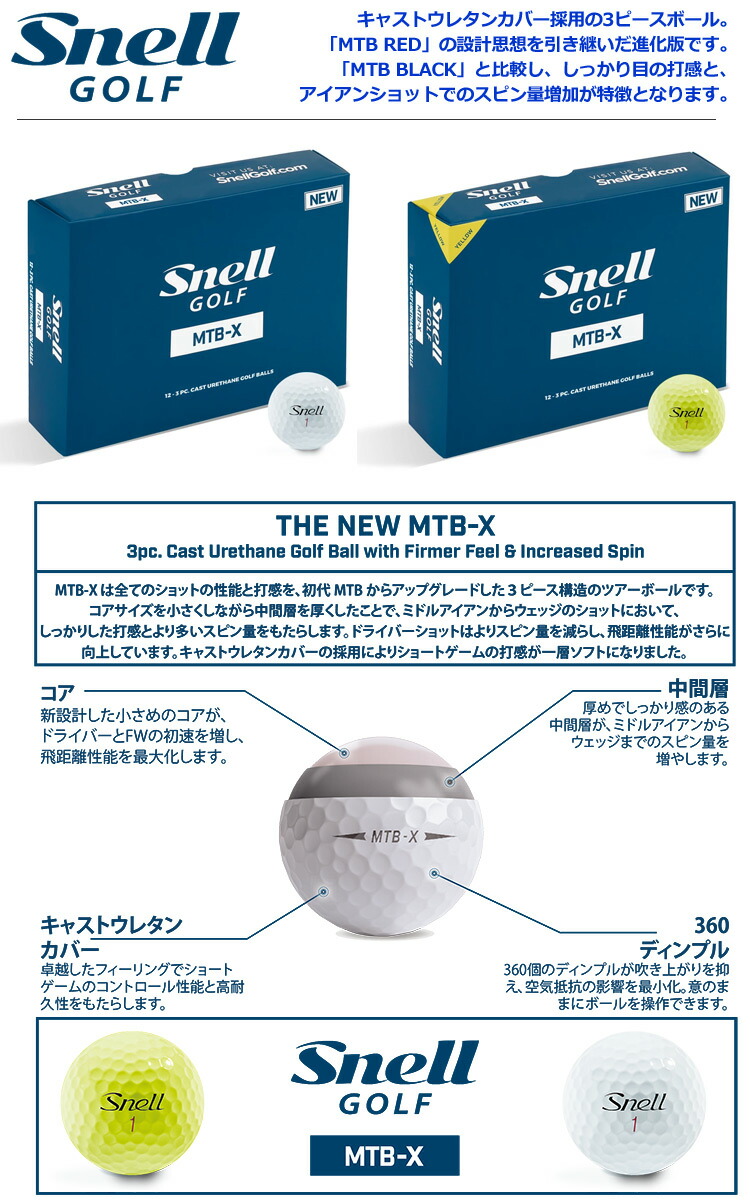 スネルゴルフ 2019 MTB-X 3ピース キャストウレタンカバー ゴルフボール 1ダース USA直輸入品 snell golf 【RA/USGA公認球】【コンプレッション：85-90】【ディンプル数：360個】 | ジーパーズ公式オンラインショップ（JYPER'S）