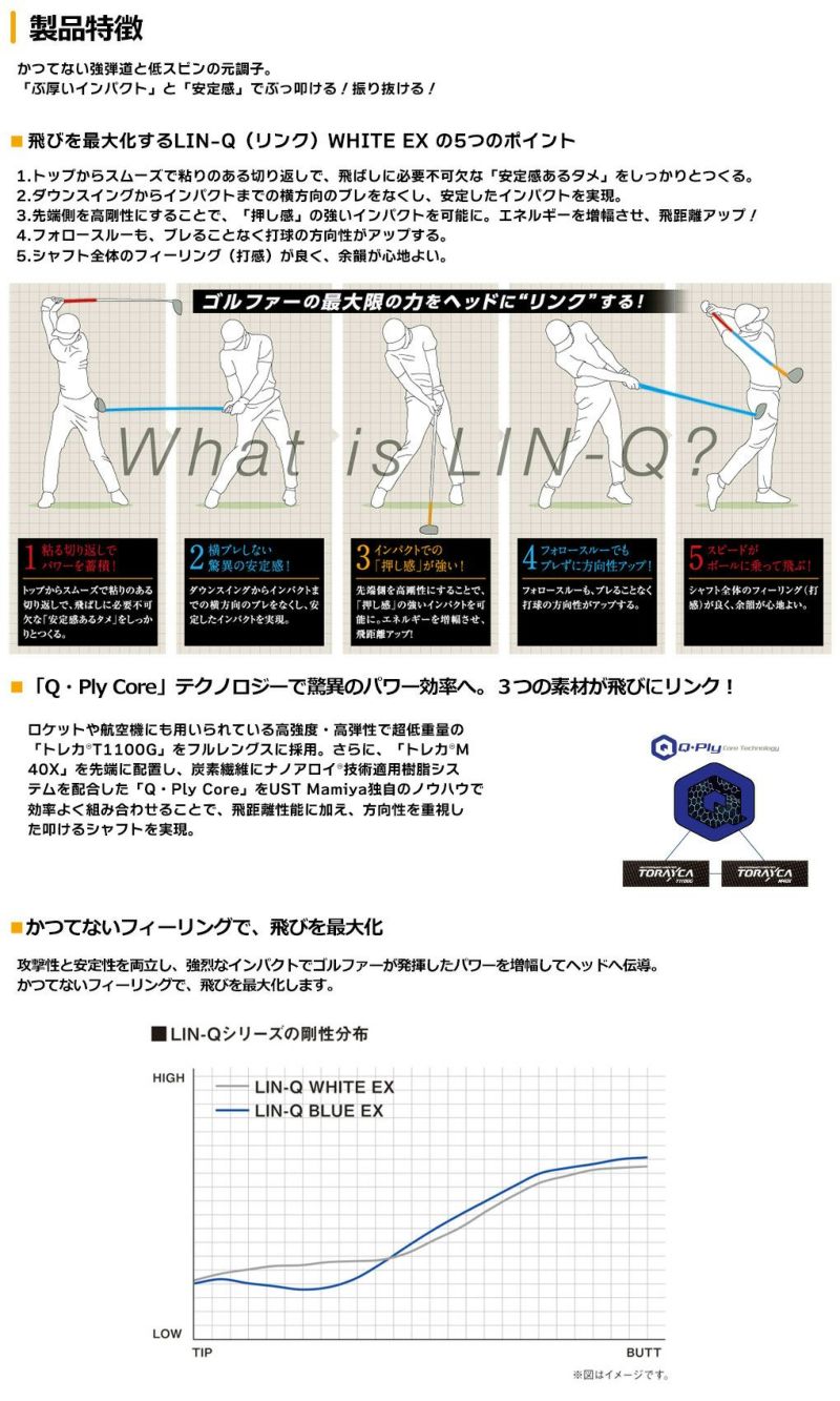 USTマミヤのLIN-Q_WHITE_EX。かつてない安定性と強弾道で飛びを最大化する高性能ゴルフシャフト